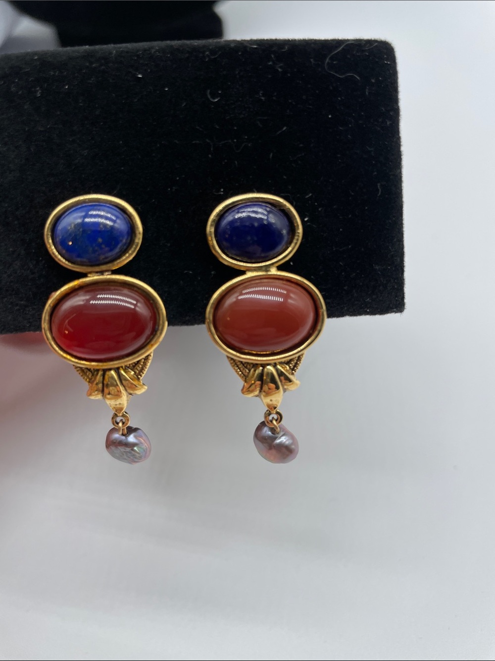 Gold-Tone Blue & Rust Gem Drop Clip on Earrings with Pearl Accent